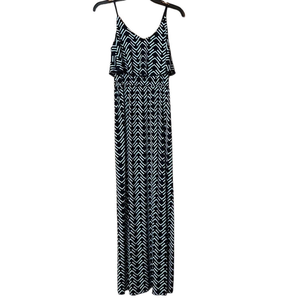 •TRIXXI•NAVY AND MINT TURQUOISE BOHO RUFFLE CHEST MAXI DRESS SIZE MEDIUM EUC